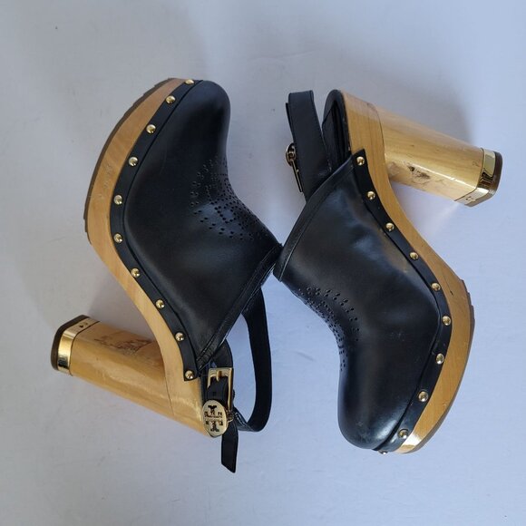 Tory Burch Brayden Perforated Leather Logo Slingback Wood Clogs. Size 7.5M - Picture 3 of 11